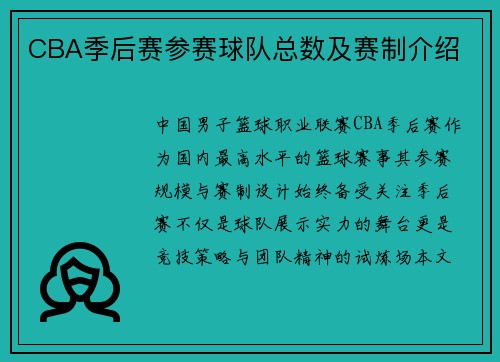 CBA季后赛参赛球队总数及赛制介绍
